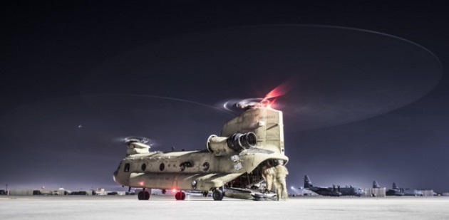 CH-47F Chinook from Task Force Brawler participates in Personnel Recovery exercise with USAF Guardian Angel team at Bagram AF. (Photo by USAF Tech. Sgt. Gregory Brook, 27 Feb 2018).