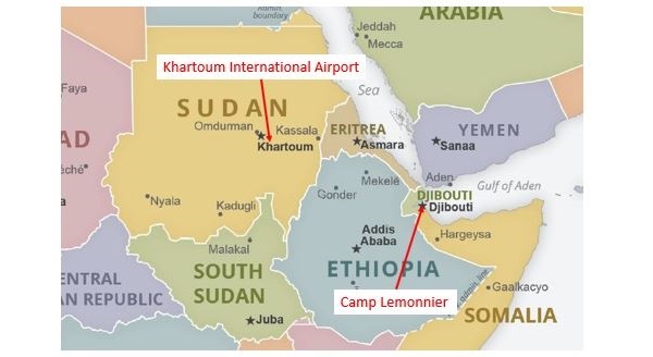 Map of Sudan and Djibouti.