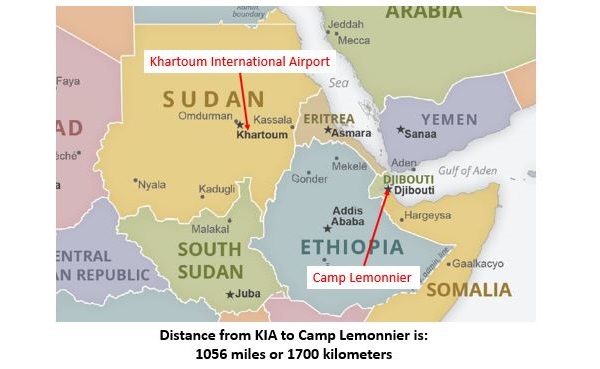 Map showing distance from Khartoum International Airport to Camp Lemonnier.