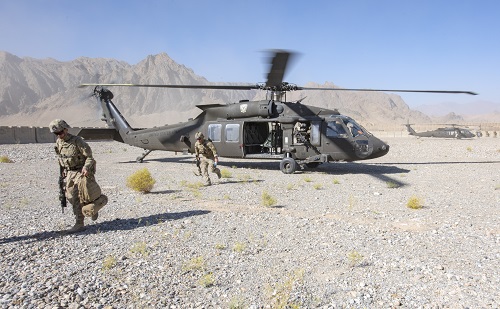 Advisors with the 1st SFAB in Afghanistan exit UH-60 Black Hawk helicopters during a routine fly-to-advise mission at FOB Altimur on Sep 9, 2018. Photo by Sean Kimmons.