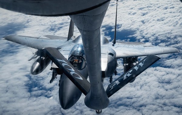 KC-135 refuels F-15E over Eastern Europe
