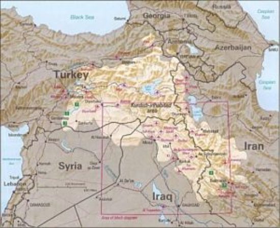 Map depicting Kurdish inhabited areas of Middle East and Iraq. (CIA map 1992).