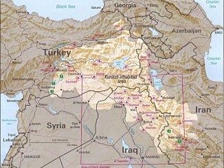 Map depicting Kurdish inhabited areas of Middle East and Iraq. (CIA map 1992).