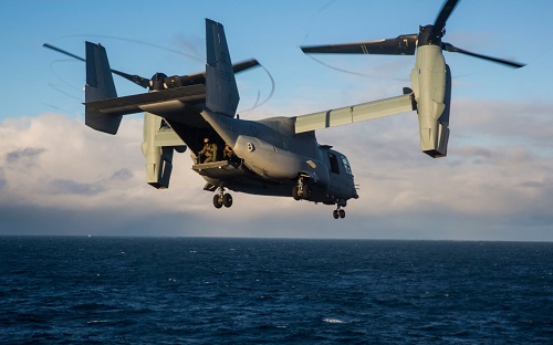 A Marine CV-22 operates off the coast of Iceland during exercise Trident Juncture 2018 on October 17, 2018.