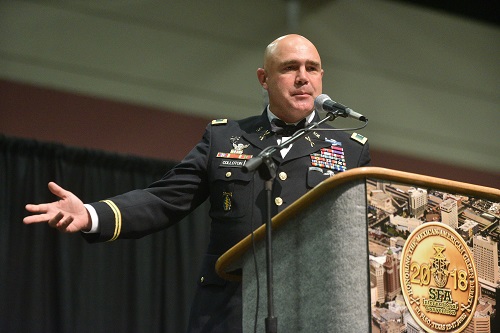 Col Patrick Colloton of 7th Special Forces Group addresses the Special Forces Association 2018 Convention banquet. Photo by Brian Kanof, Chapter 9 SFA