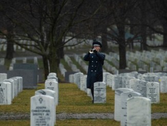 An Air Force bugler plays taps during the military funeral honors of Air Force Staff Sgt. Dylan Elchin, a Special Tactics combat controller assigned to the 26th Special Tactics Squadron, at Arlington National Cemetery, Va., Jan. 24, 2019. As a Special Tactics combat controller, Elchin was specially trained and equipped for immediate deployment into combat operations to conduct global access, precision strike, and personnel recovery operations. (U.S. Air Force photo by Senior Airman Joseph Pick)