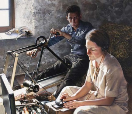 Portrait of Virginia Hall of the OSS in WWII operating a suitcase radio. Painting hangs in the CIA building and is by Jeffrey W. Bass.