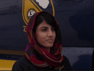 Niloofar Rahmani, first female fixed-wing pilot in the Afghan Air Force. (Photo from video by Ryan M. Harper, Navy Media, 11 Mar 2015.)