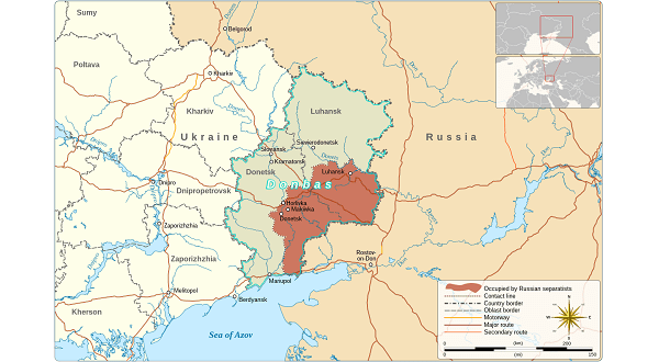 Map of Donbas Region, Ukraine, Feb 2022