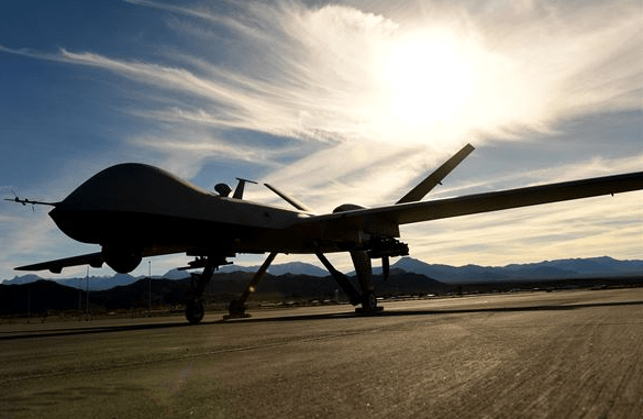 MQ-9 Reaper on flight line at Creech Air Base, Nevada. The RPA can carry four AGM-114 Hellfire missiles and two 500-pound bombs. It can fly for a 18-24 hour mission. (U.S. Air Force photo by Senior Airman Christian Clausen).
