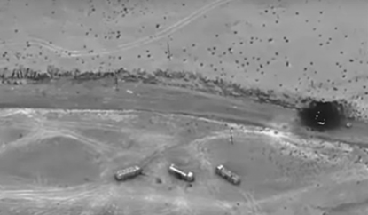 Destroyed ISIL oil tankers. (Photo by SSgt Charles Rivezzo, U.S. AFCENT Public Affairs, Dec 8, 2016). Targets were struck based on intel from the Target Fusion Cell.