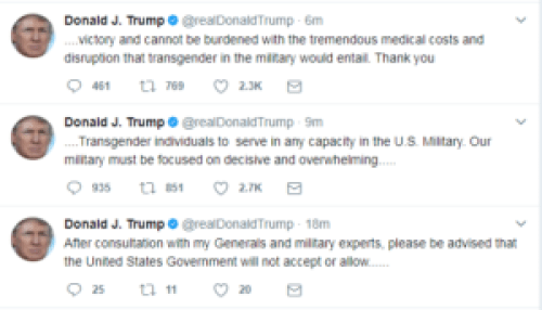 President Trump's tweets from morning of July 26, 2017 about transgenders in military.