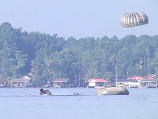 Water Jump into White Lake, North Carolina by USASOC Soldiers. (Photo from video by SSG Dillon Heyliger)